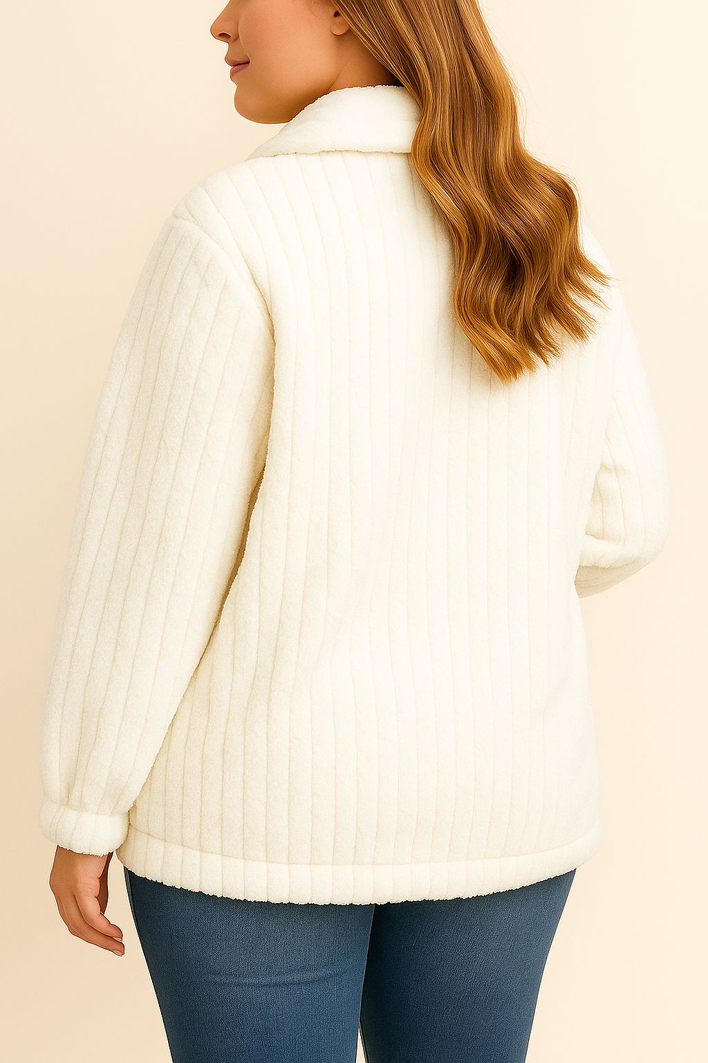 Back view of the white fuzzy collared jacket with vertical channel texture, drop-shoulder seam and a straight hem