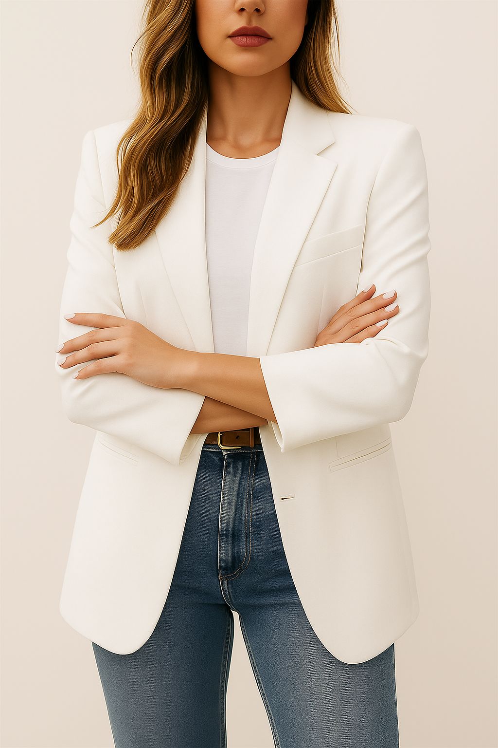 Front view of the white longline blazer showing the notched lapel, single-breasted stance and welt pockets.