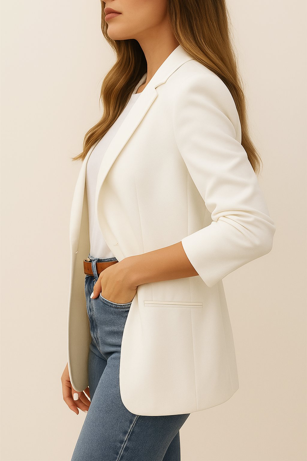 Left side view of the white longline blazer with notched lapel, long sleeves and welt pocket at the hip.