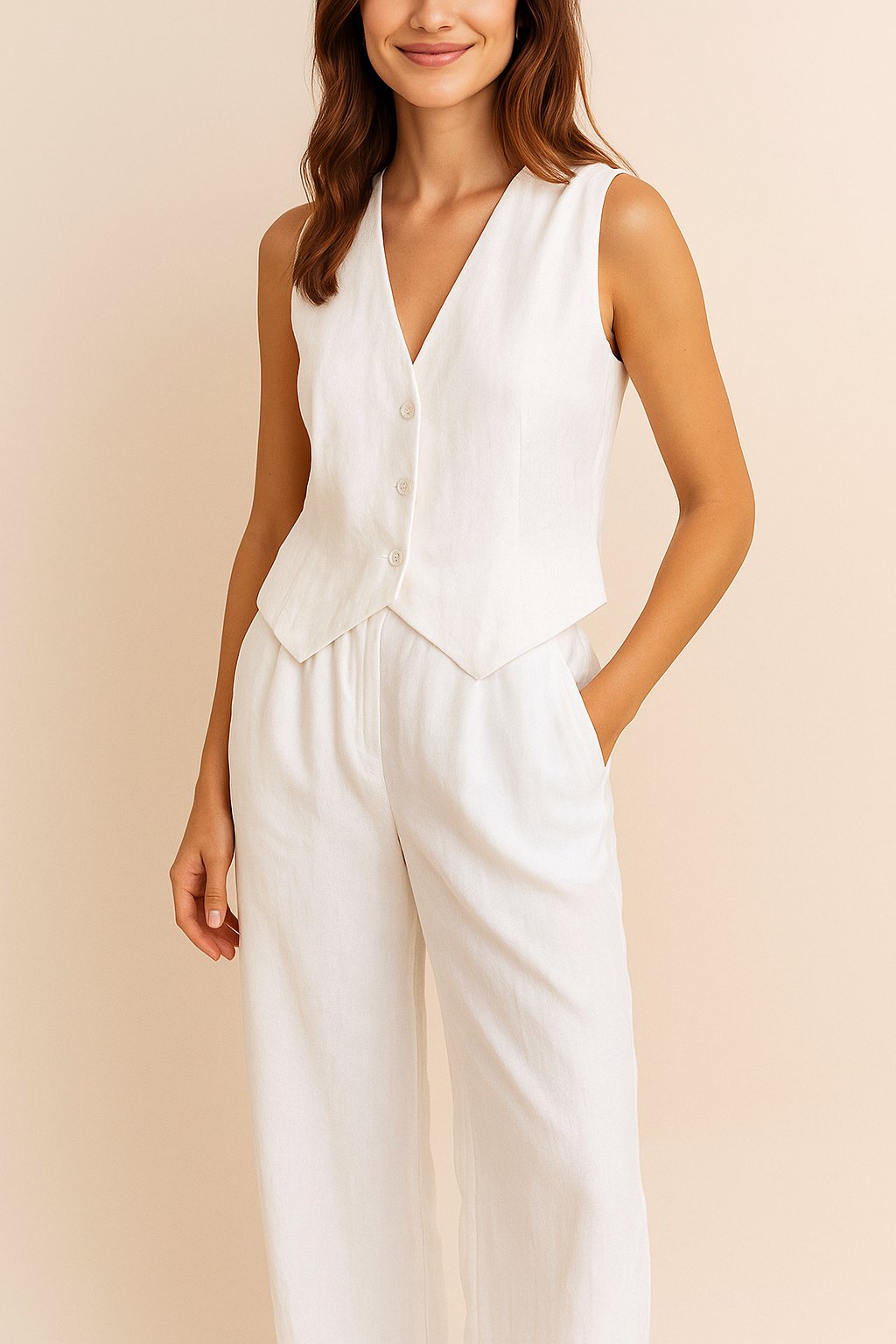 Front three-quarter view of the white vest and wide-leg pants set with relaxed fit.