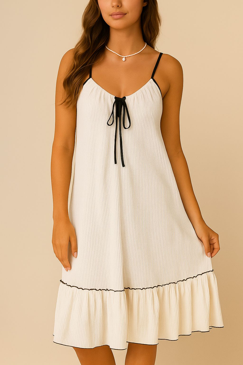White tiered ruffled lounge dress showing the tie-front neckline, adjustable straps and black contrast trim — front detail view.