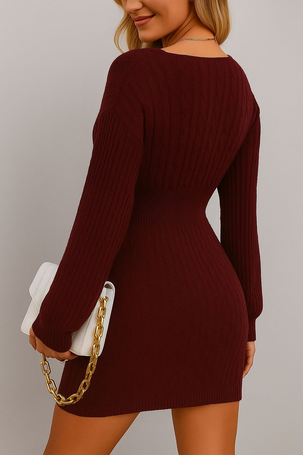 Back view of the cable-knit sweater dress in wine showing vertical cable texture, ribbed waistband and a neat mini-length hem