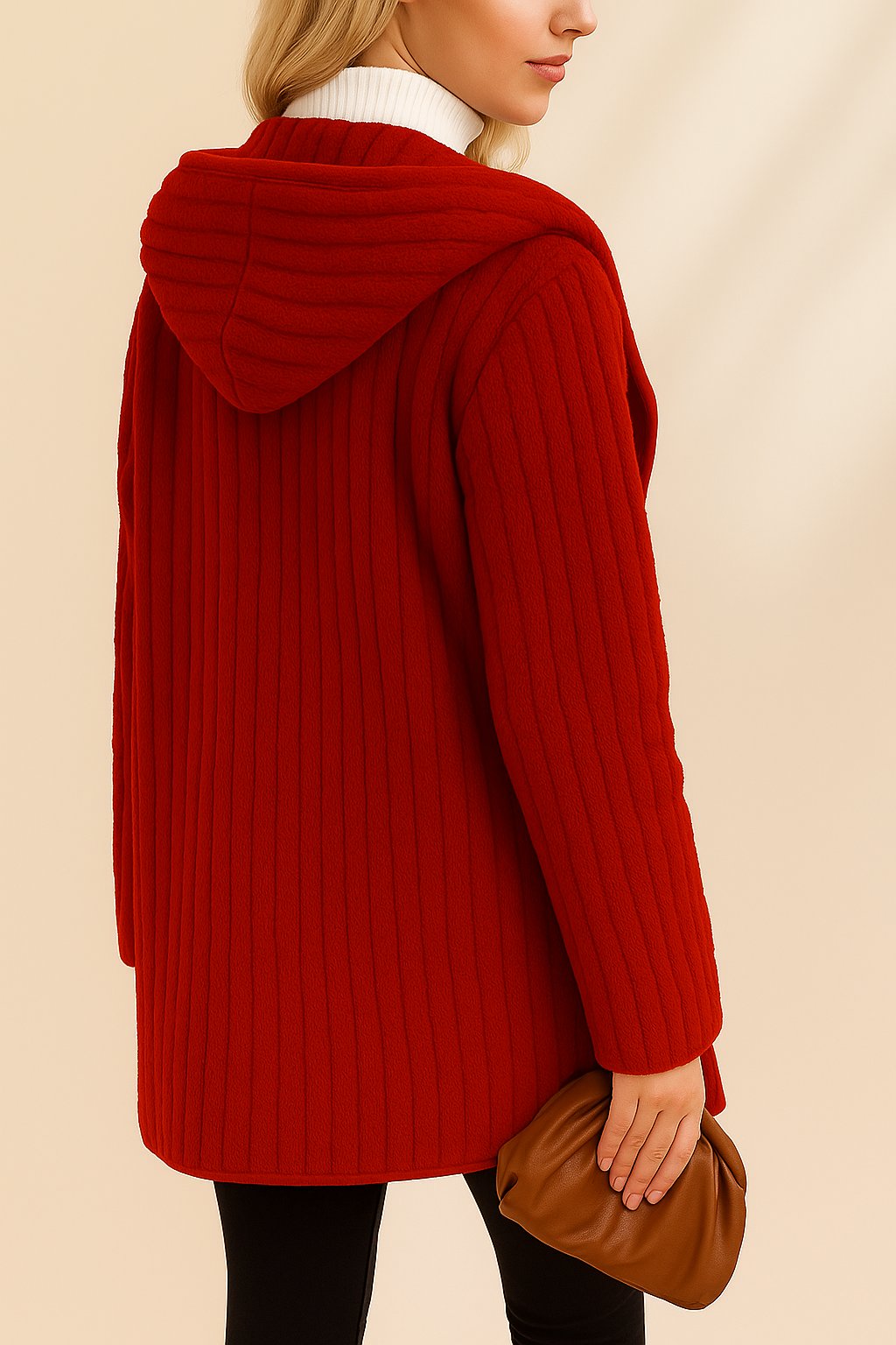 Back view of the wine ribbed hooded coat showing the hood and vertical rib texture