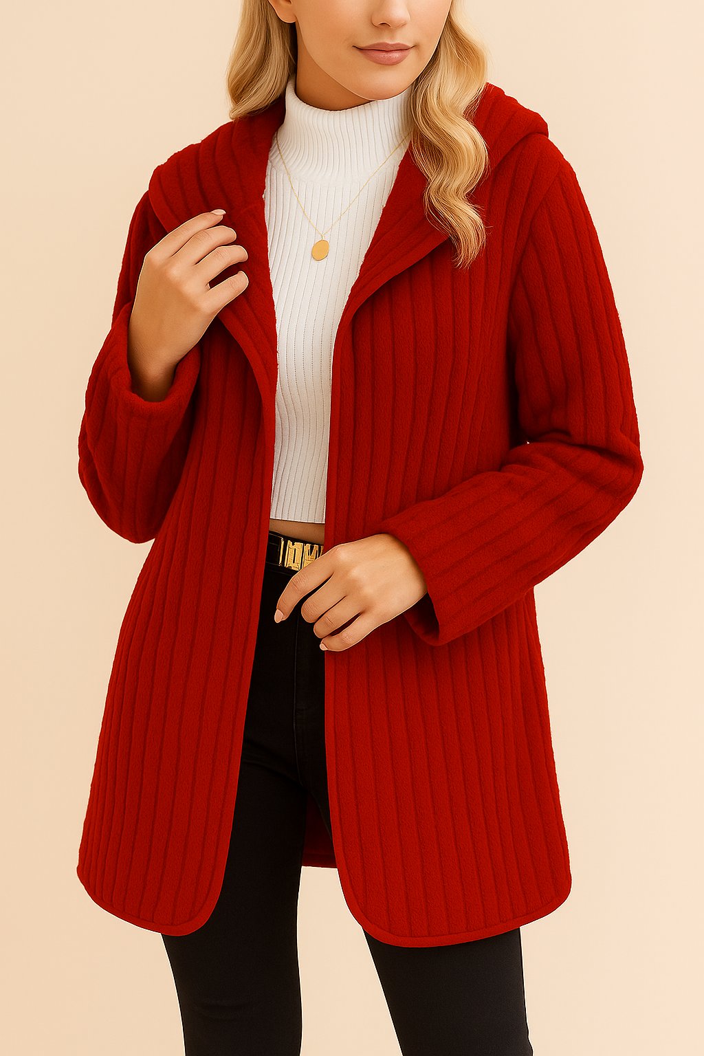 Alternate front view of the wine open-front ribbed hooded coat with long sleeves