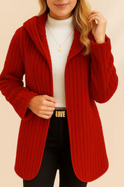 Front view of an open-front ribbed hooded coat in wine with long sleeves and rounded hem.