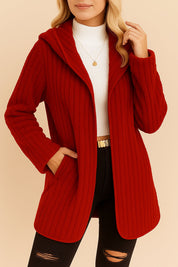 Front view of the wine ribbed hooded coat with open front and patch pockets.