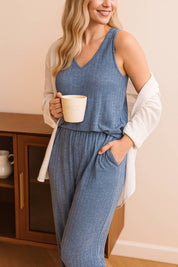 Women's blue ribbed knit loungewear pajama set with sleeveless top and jogger pants