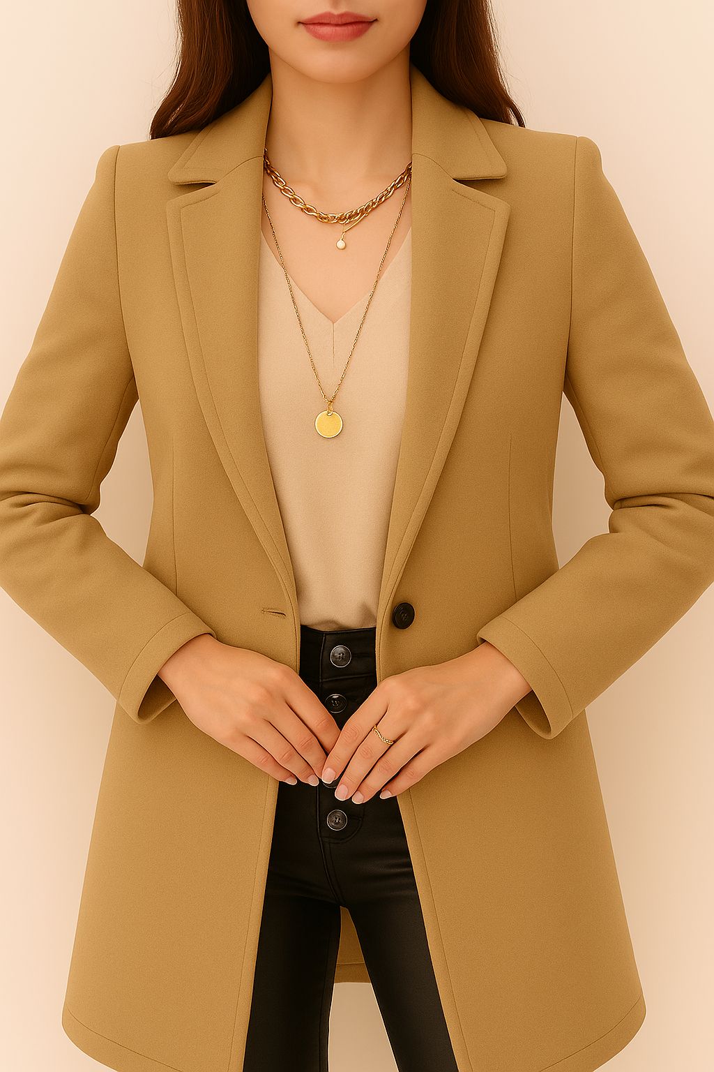 Alternate front view of the women’s camel single-breasted coat with sharp notched lapel, structured shoulders and long sleeves