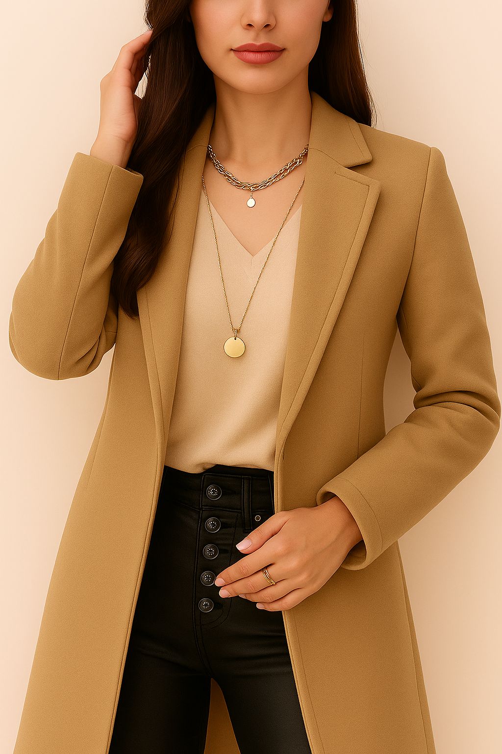 Close front detail of the camel longline coat showing neat lapel stitching, crisp edges and tailored seams along the chest