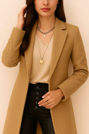 Close front detail of the camel longline coat showing neat lapel stitching, crisp edges and tailored seams along the chest