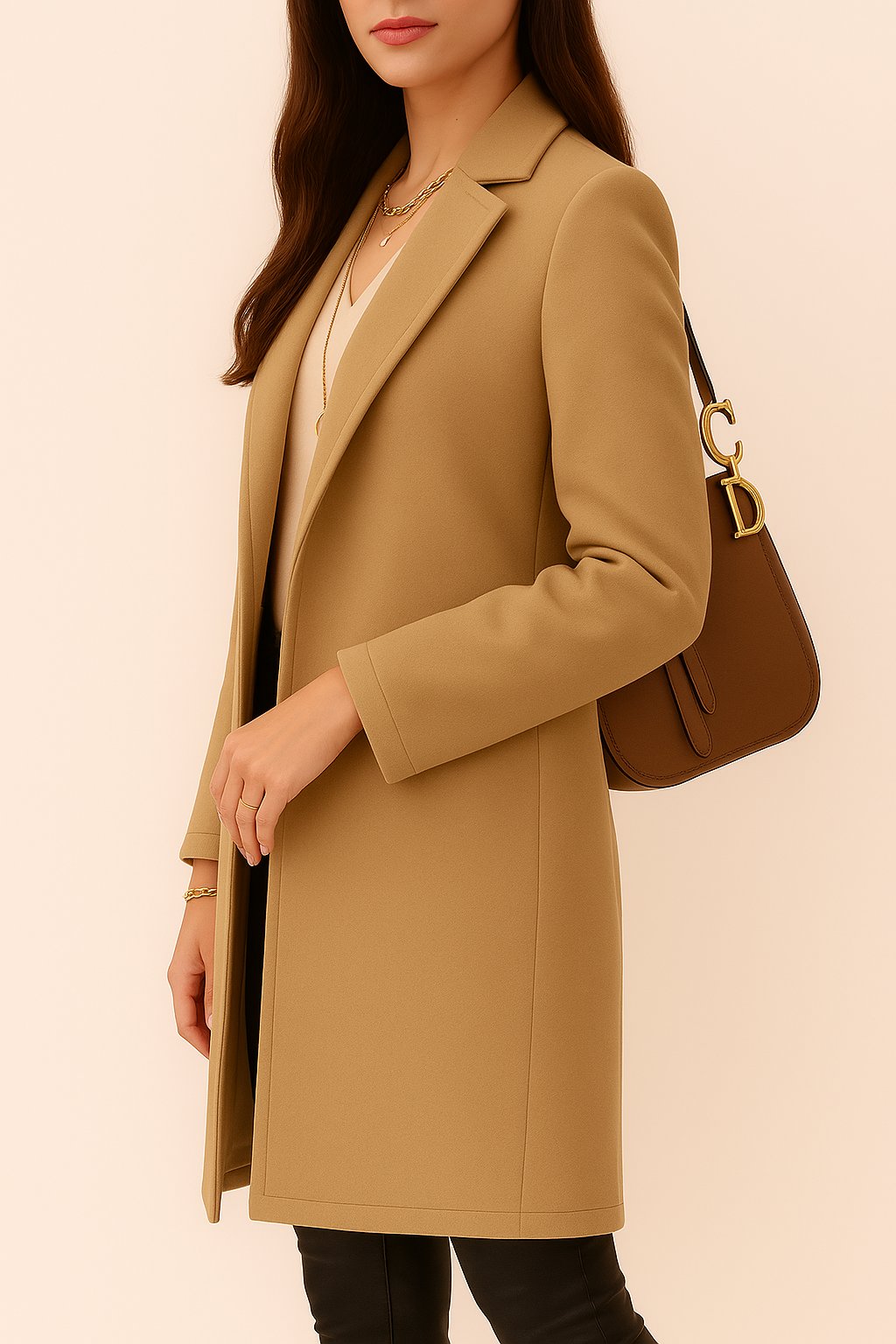 Left three-quarter view of the camel longline coat showing the slim tailored silhouette, notched lapel and clean mid-thigh hem