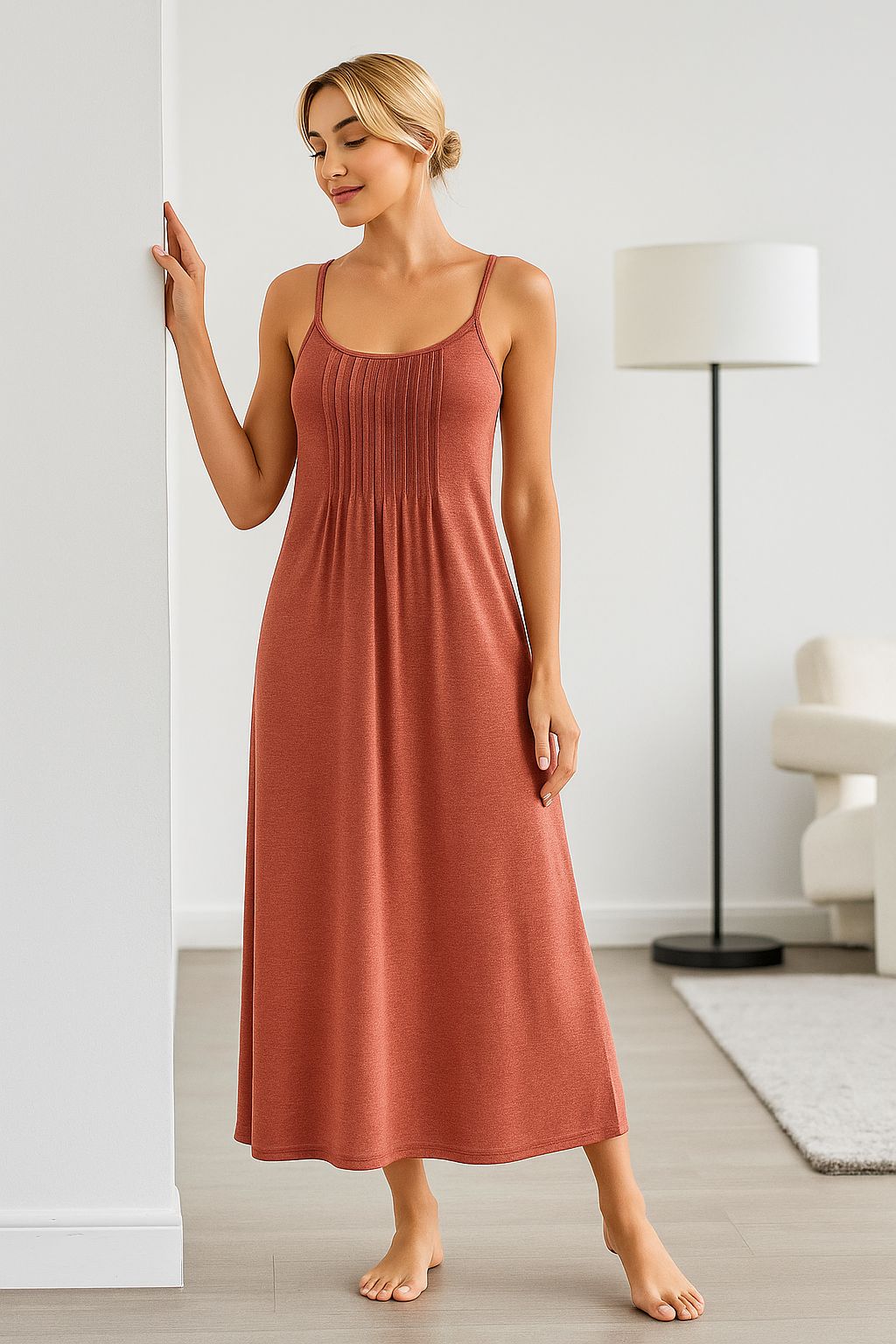 Full-length view of women’s terracotta nightgown with pleated front and spaghetti straps — breathable loungewear for home or sleep