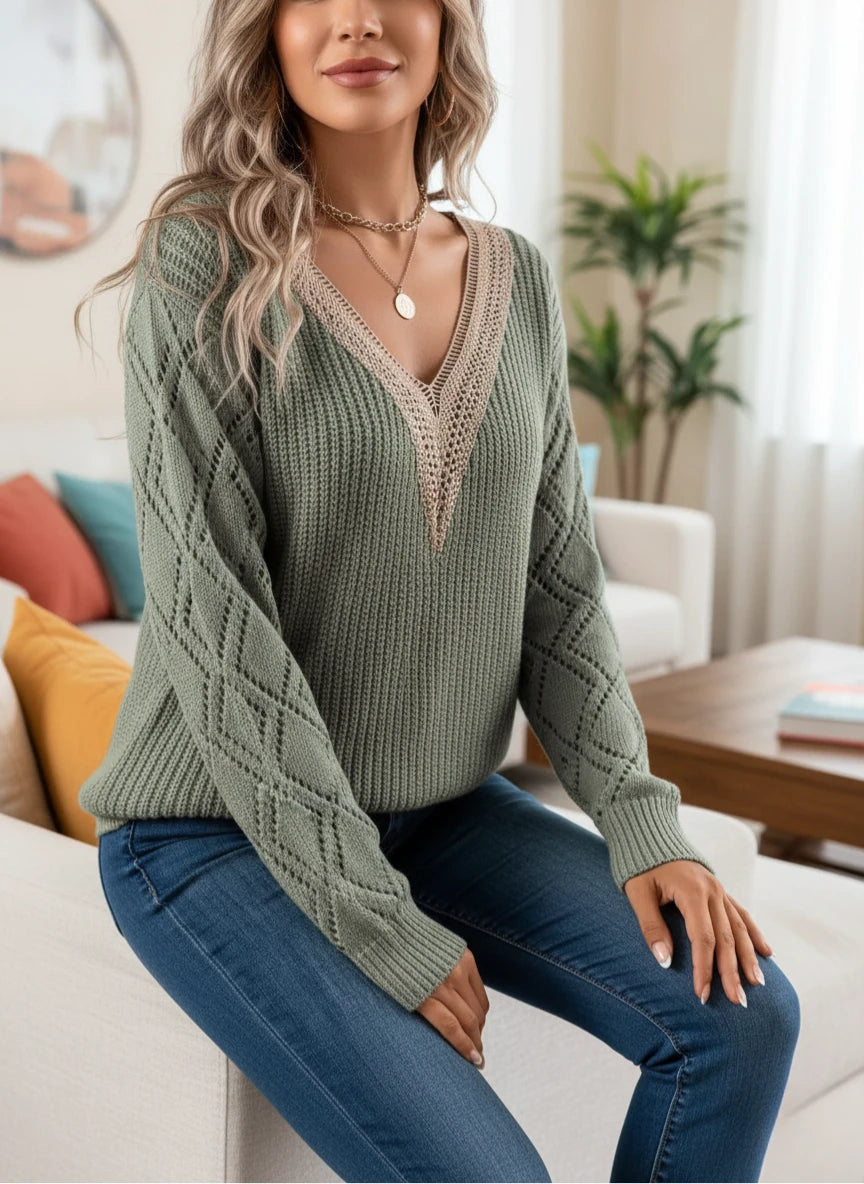 Openwork V-Neck Long Sleeve Sweater