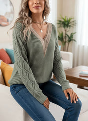 Openwork V-Neck Long Sleeve Sweater