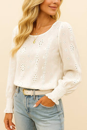 Embroidered Eyelet Long Sleeve Blouse with Smocked Cuffs