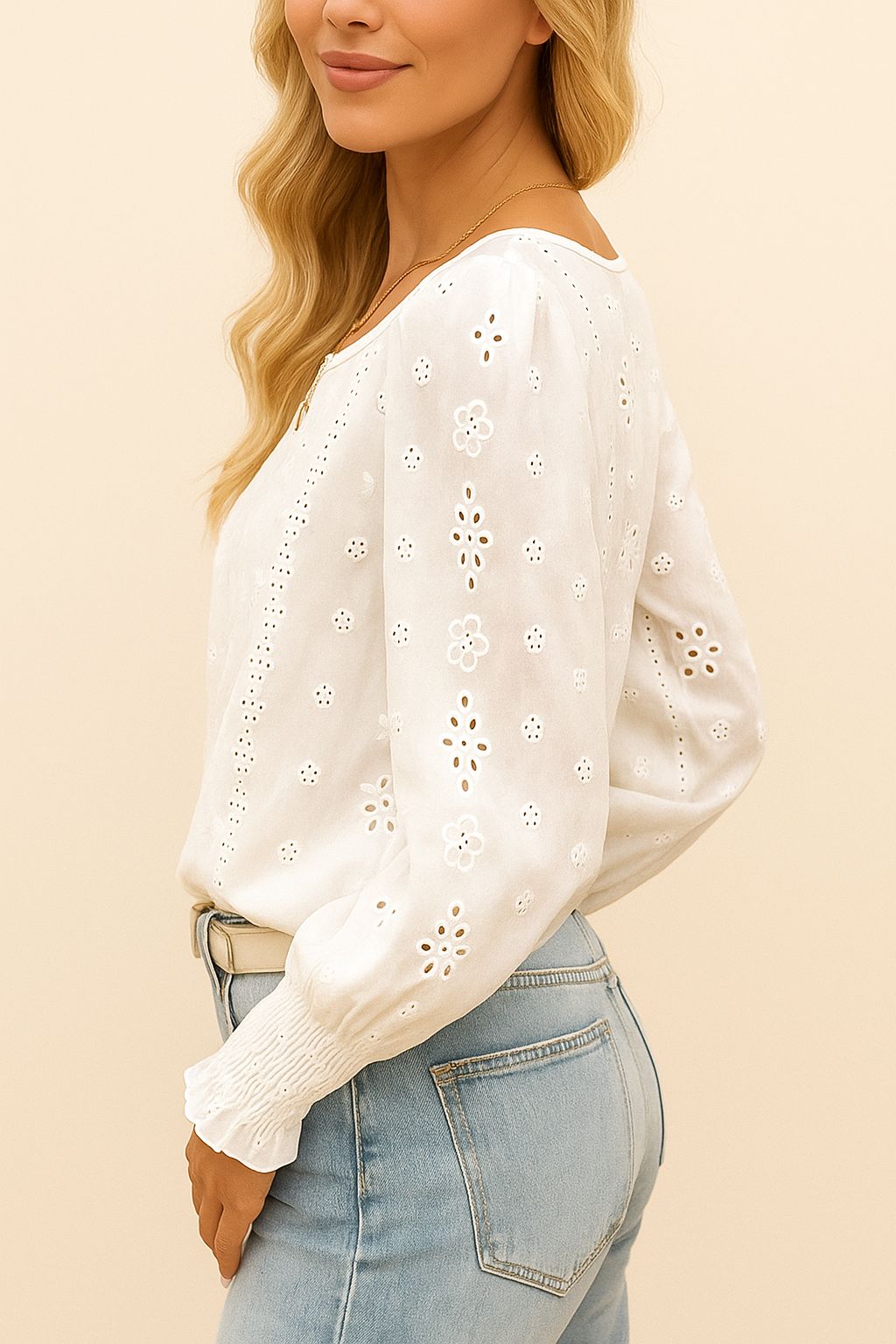 Embroidered Eyelet Long Sleeve Blouse with Smocked Cuffs