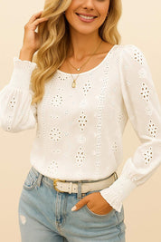 Embroidered Eyelet Long Sleeve Blouse with Smocked Cuffs