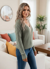 Openwork V-Neck Long Sleeve Sweater