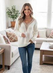 Openwork V-Neck Long Sleeve Sweater
