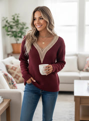 Openwork V-Neck Long Sleeve Sweater