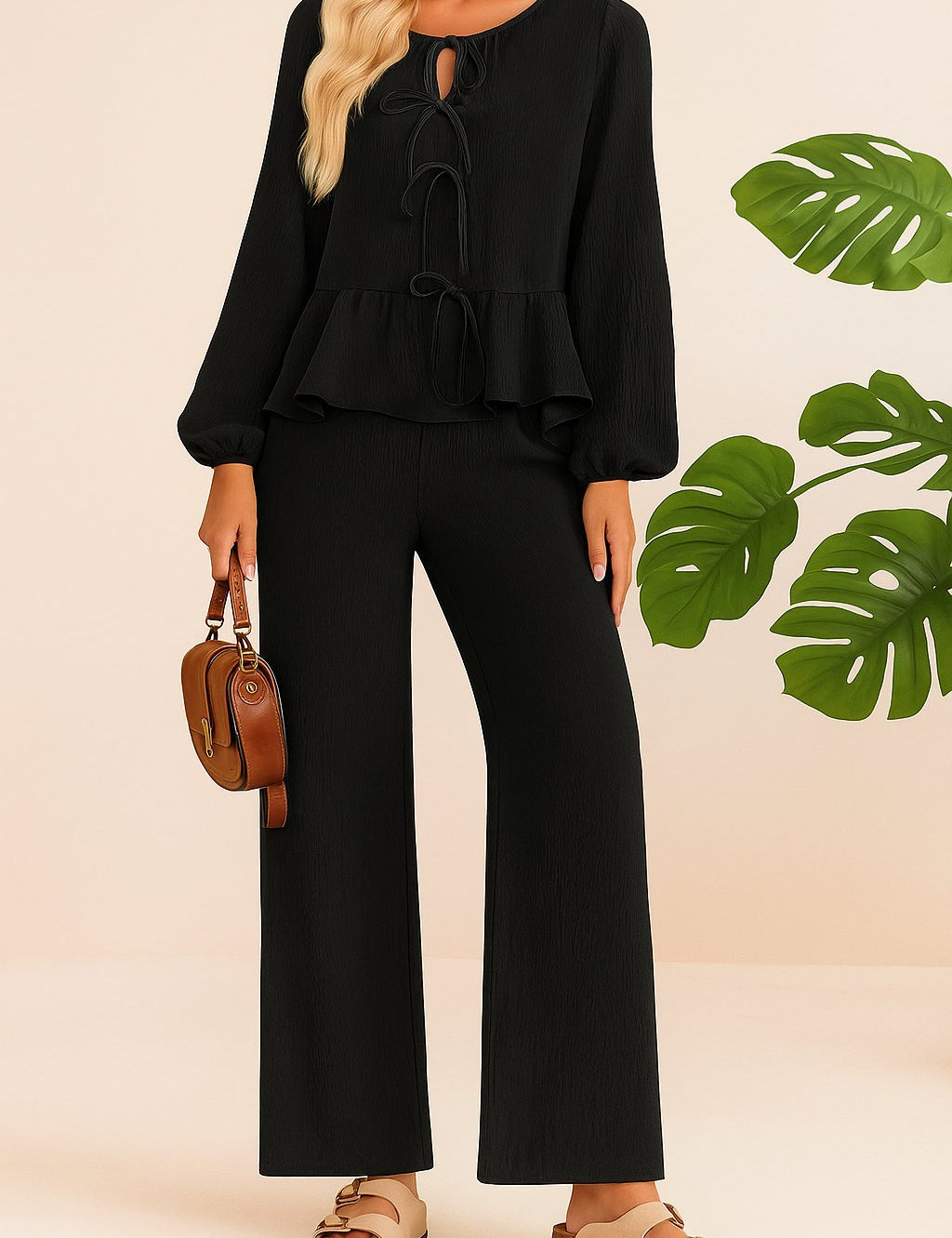 Back view of the dusty pink tie-front peplum blouse and wide-leg pants set.