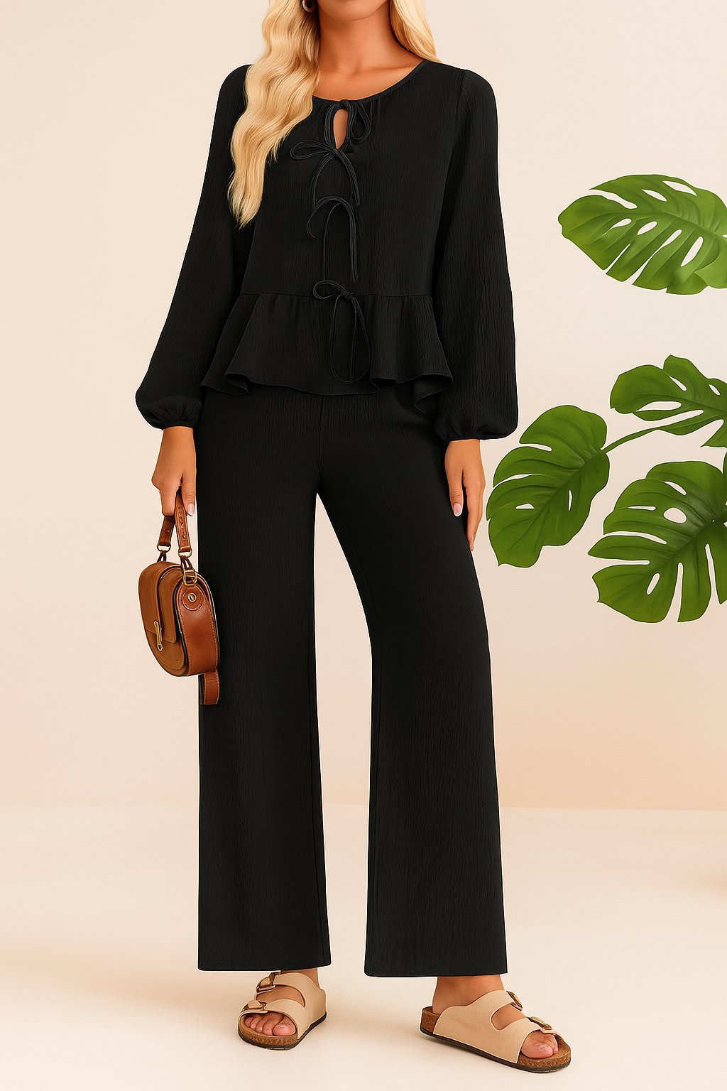 Back view of the dusty pink tie-front peplum blouse and wide-leg pants set.