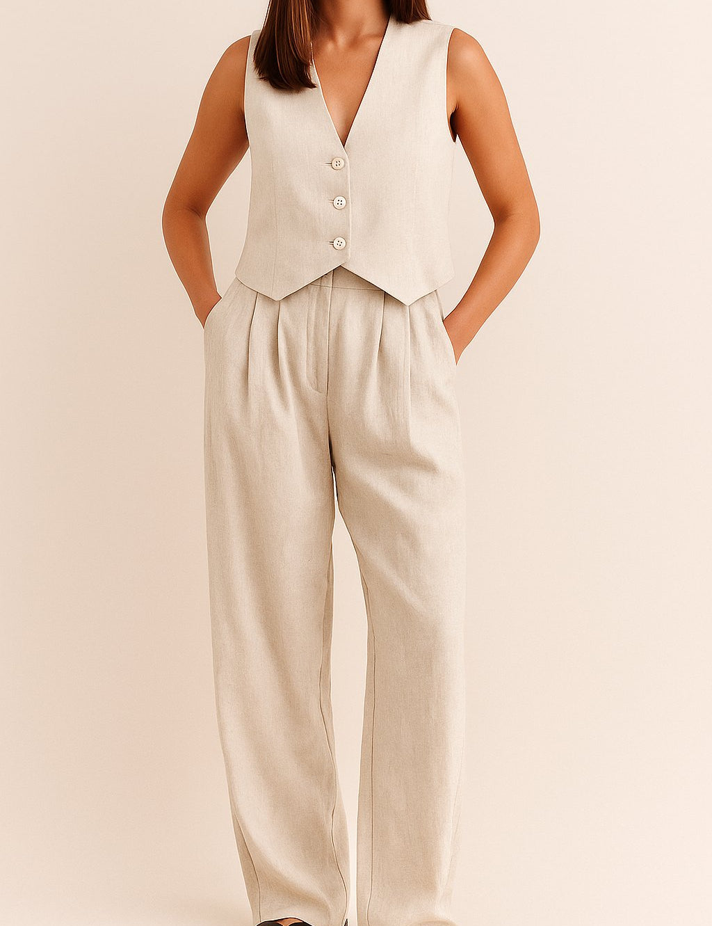 Front view of an apricot sleeveless V-neck vest and pleated wide-leg pants set with button closure and side pockets.