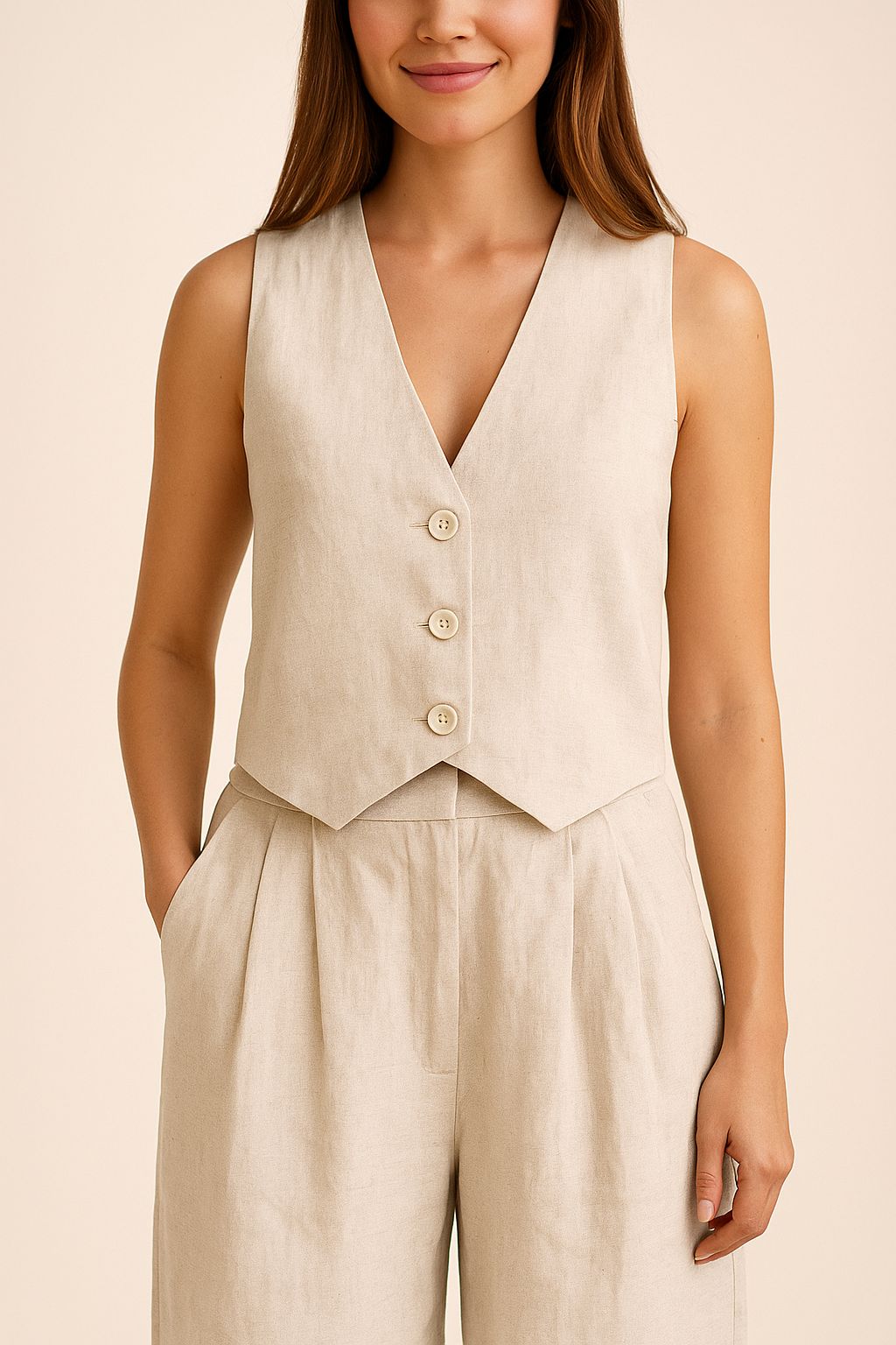 Close front view of the apricot vest and pleated trousers; V-neck and three buttons visible.