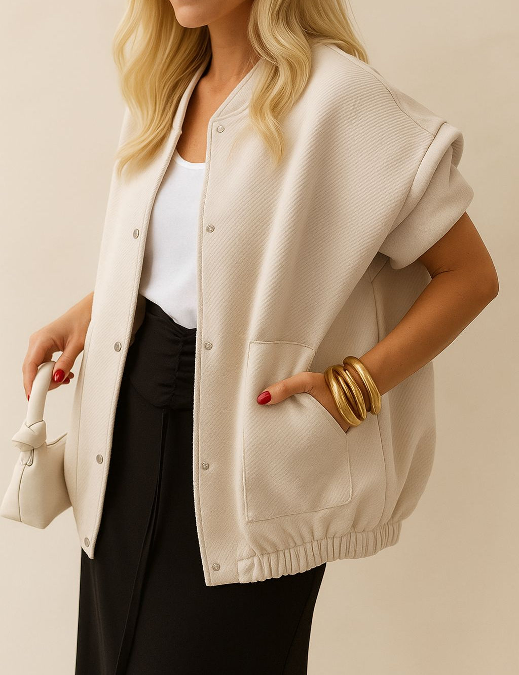 Front three-quarter view of an apricot textured snap-button bomber jacket with rib-knit collar, drop-shoulder long sleeves, patch pockets and an elastic hem.
