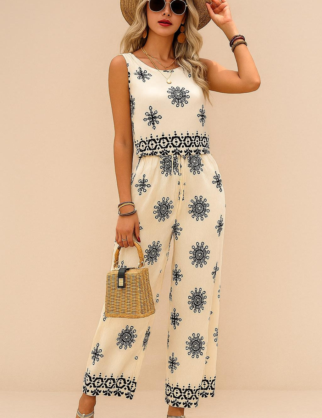 Front view of a women’s beige sleeveless printed two-piece set: scoop-neck top with drawstring waist and matching wide-leg pants with an elastic waist; black boho motif.