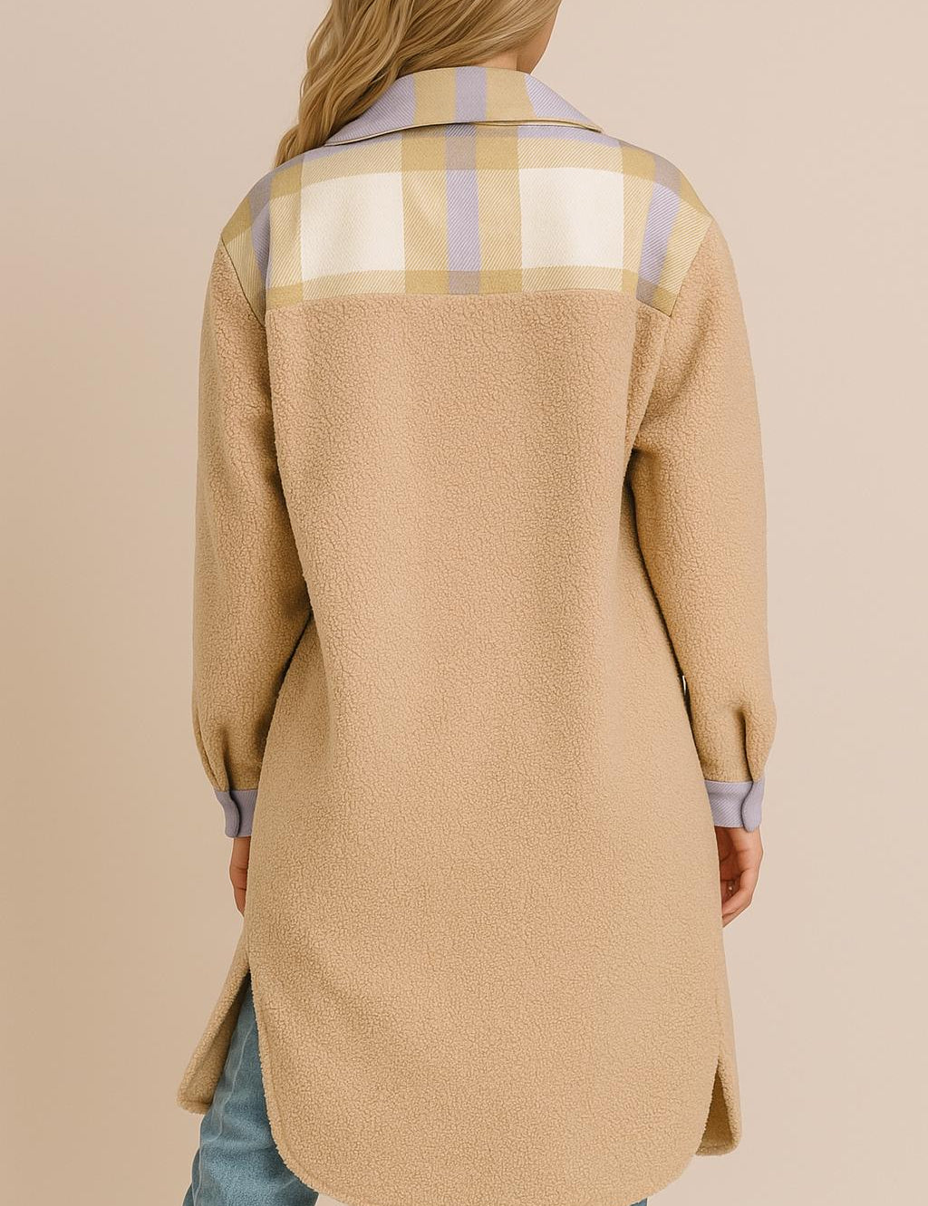Back view of the beige teddy longline button-up coat showing the plaid contrast back yoke, drop-shoulder seam, side slits and rounded straight hem.