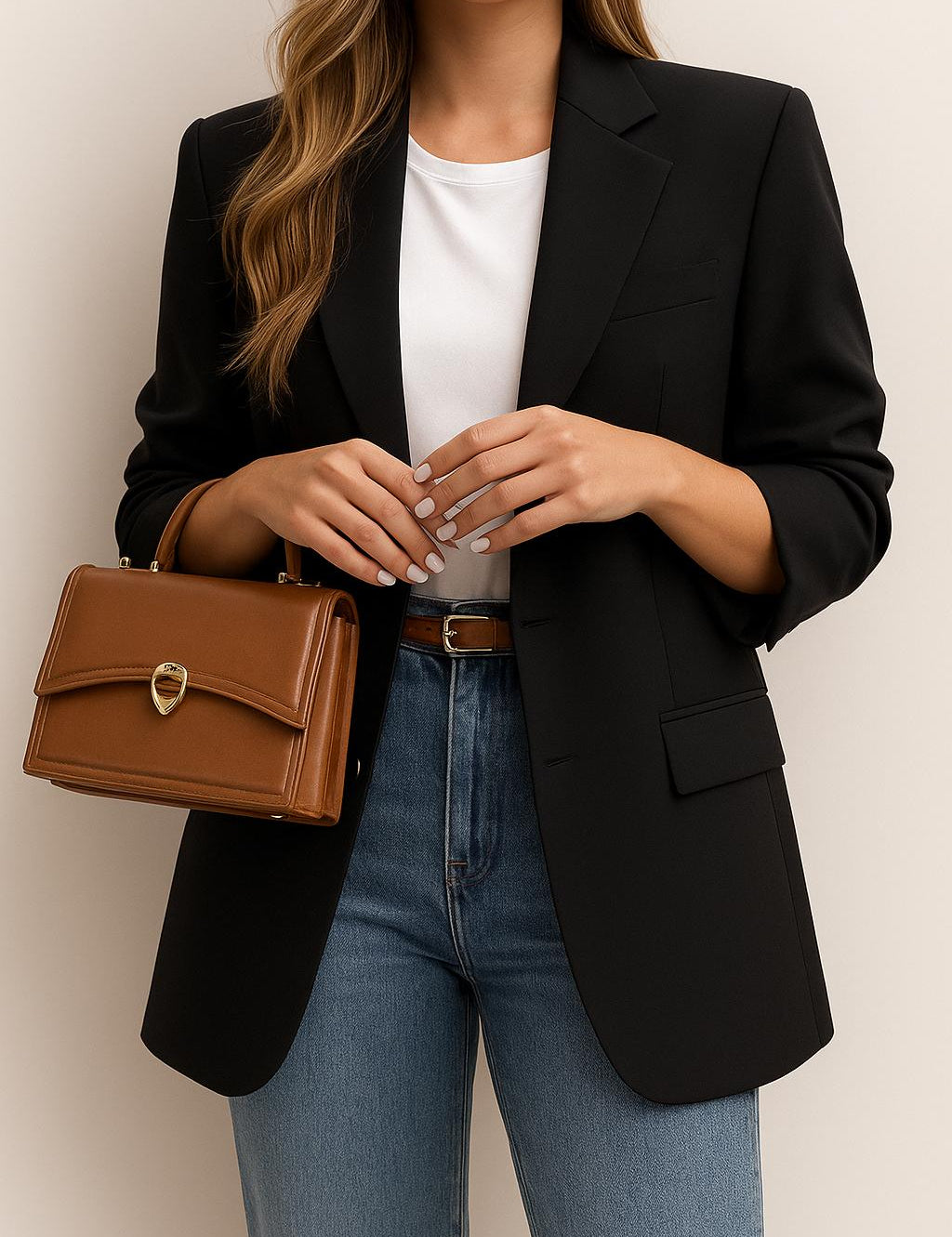 Front view of a black longline blazer with notched lapel, single-breasted front and flap pockets.
