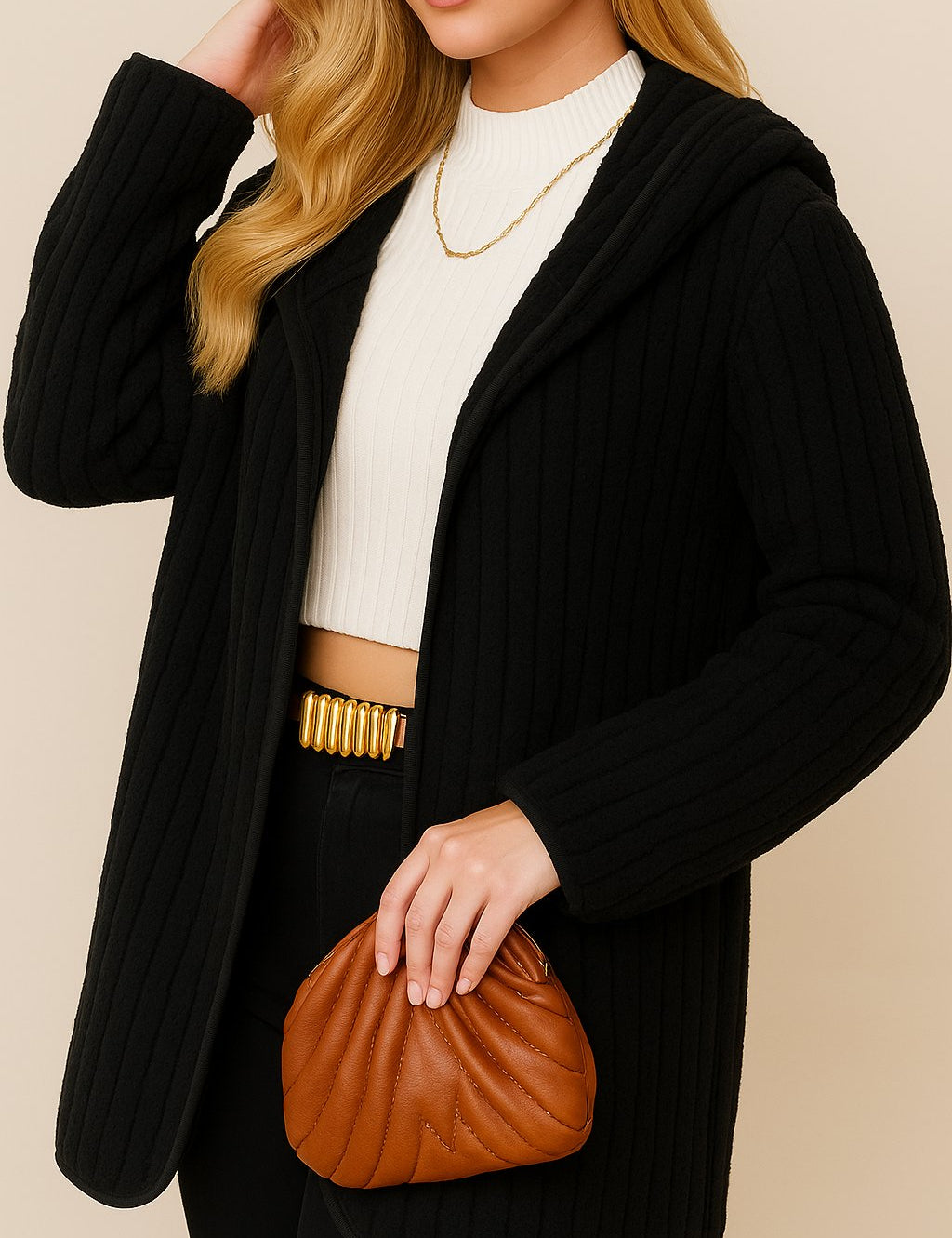 Left three-quarter view of the black open-front ribbed hooded coat with long sleeves and patch pocket