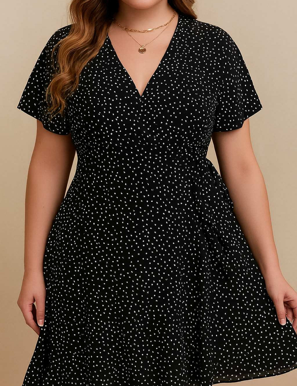 Plus-size black polka-dot wrap mini dress with V-neck, flutter sleeves and tie waist — front view