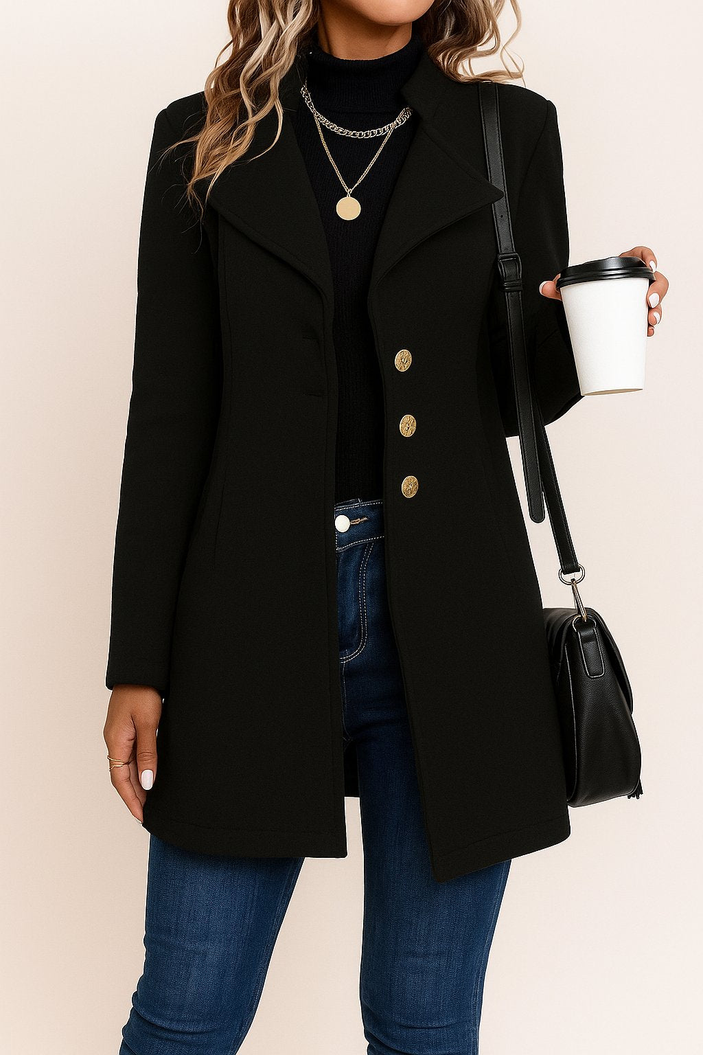 Front view of the black tailored coat worn open; notched lapel, gold-tone buttons and long sleeves are visible.