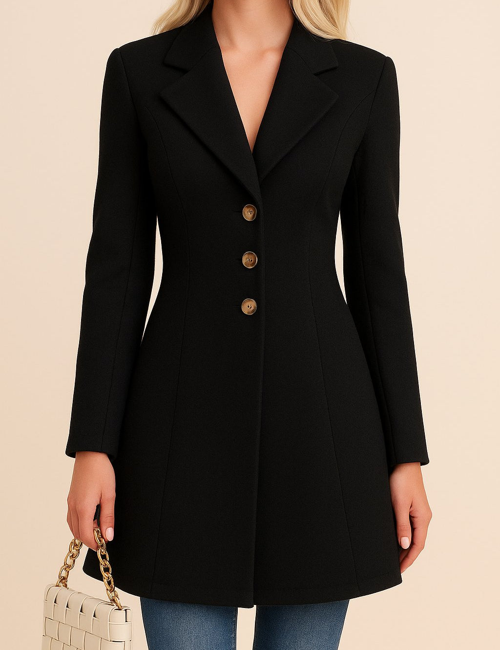 Centered front view of the black tailored longline coat with multi-button front and straight hem.