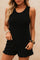 Front view of a black textured-knit tank and shorts set with soft wave-edge trim and elastic-waist shorts