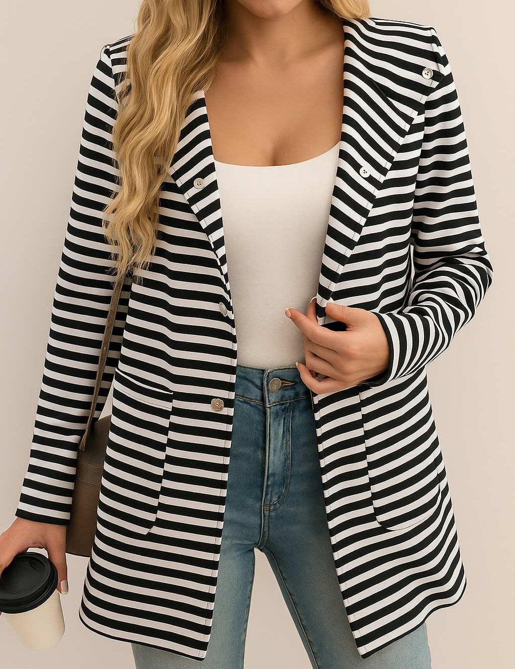 Centered front view of the black-and-white striped hooded snap-button long jacket with notched lapel, snap front and patch pockets.