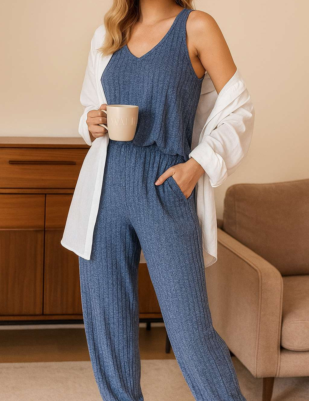 Women's blue knit loungewear pajama set with sleeveless top and elastic waist pants