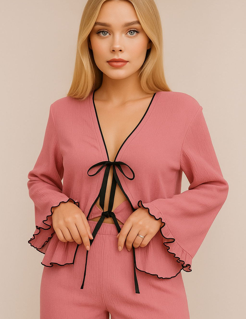 Blush pink ruffle lounge set with contrast trim – front view sitting on bed

