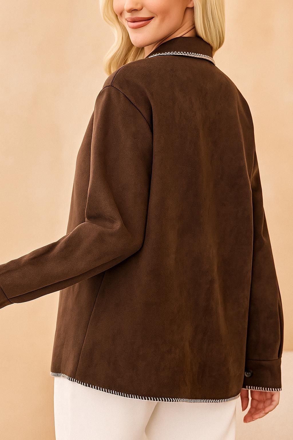 Back view of the brown faux-suede shirt jacket with clean back panel and contrast stitch edging at the hem and collar