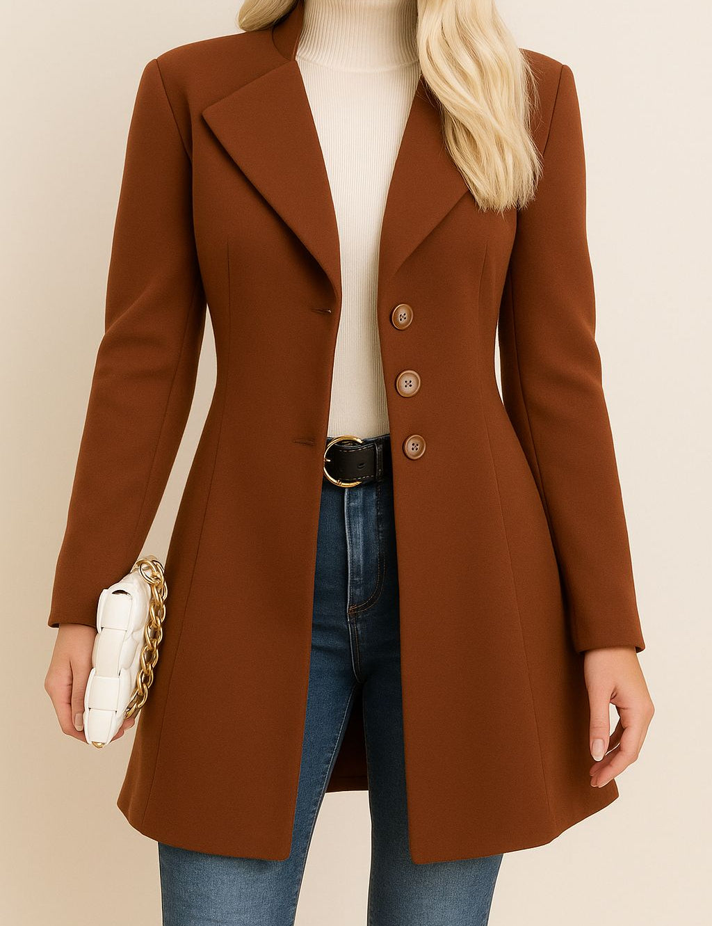 Front view of a women’s brown tailored longline coat with a notched lapel, multi-button front, long sleeves and a straight hem.