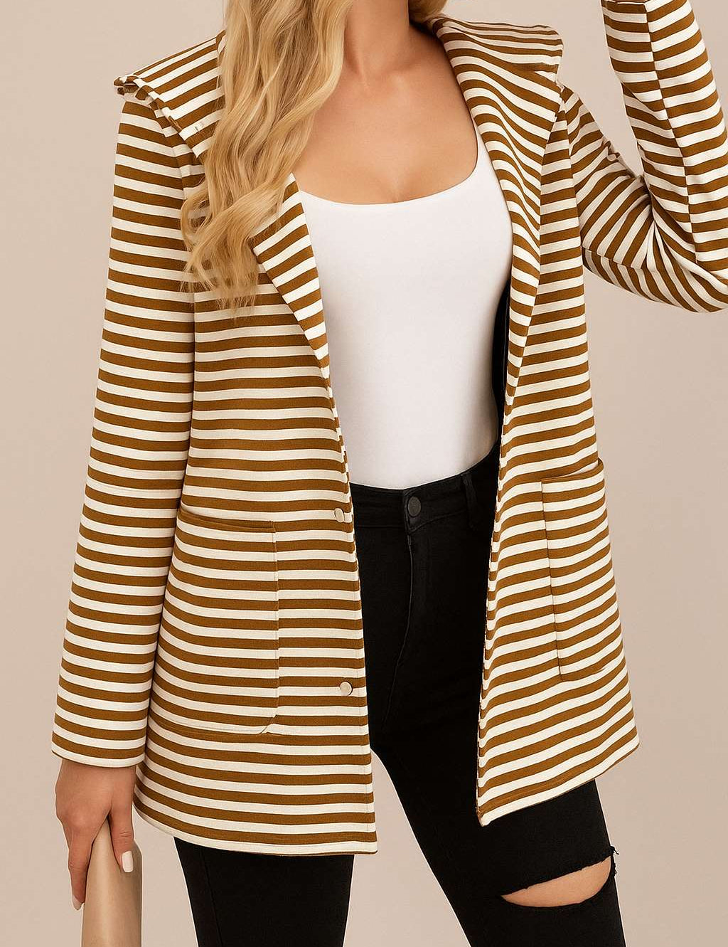 Front three-quarter view of a women’s brown-and-white striped hooded snap-button long jacket with a notched lapel, long sleeves and patch pockets; rounded straight hem.