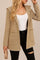 Front three-quarter view of a women’s brown-and-white striped hooded snap-button long jacket with a notched lapel, long sleeves and patch pockets; rounded straight hem.