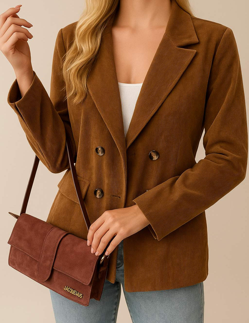 Front view of the camel brown corduroy double-breasted blazer showing the notched lapel, long sleeves and decorative flap pockets.