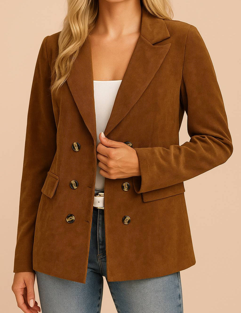 Front view of a women’s camel brown corduroy double-breasted blazer with a notched lapel, long sleeves and decorative flap pockets; straight hem