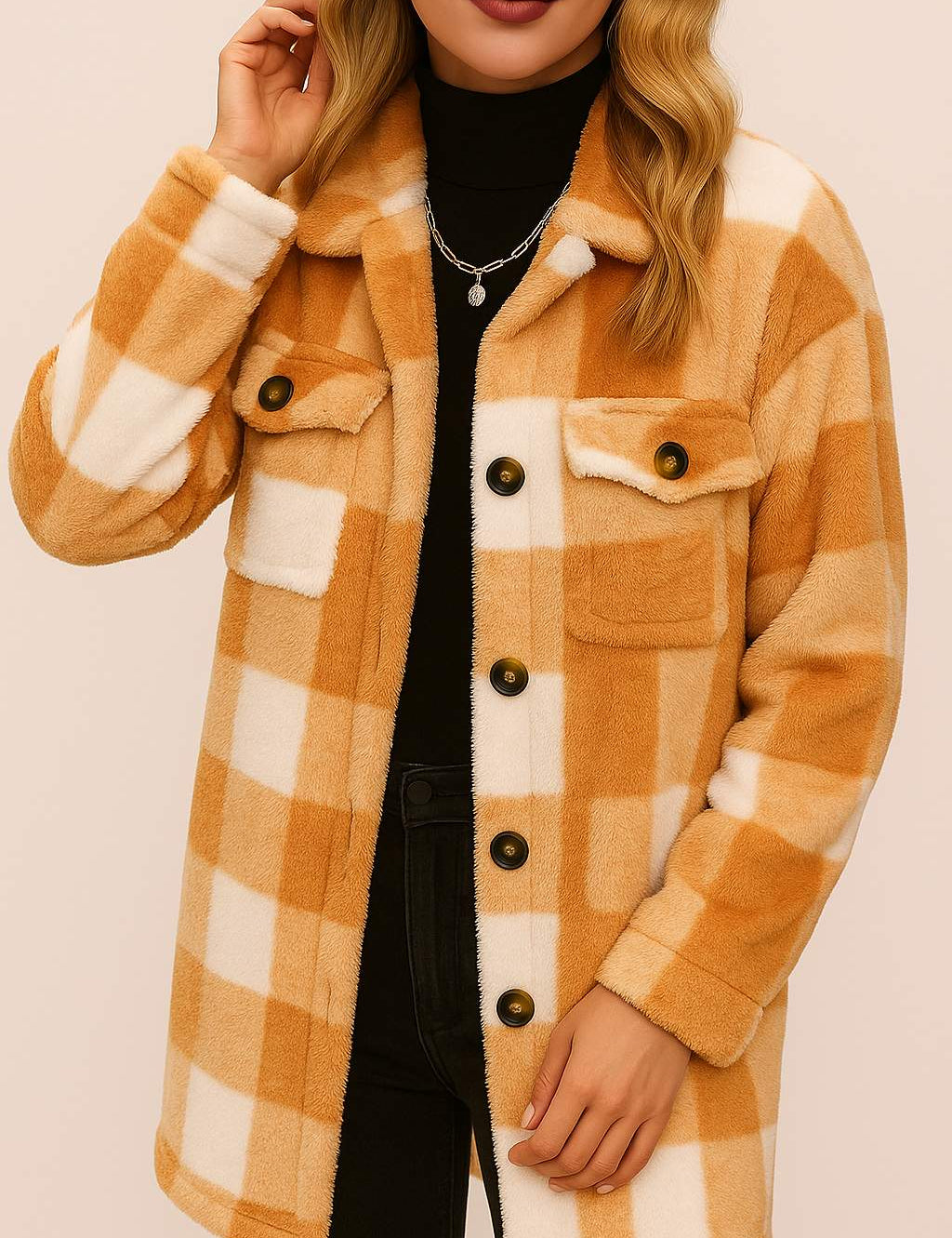 Front detail view of a women’s camel-and-ivory buffalo-check button-front coat with a shirt collar, long sleeves and flap chest pockets