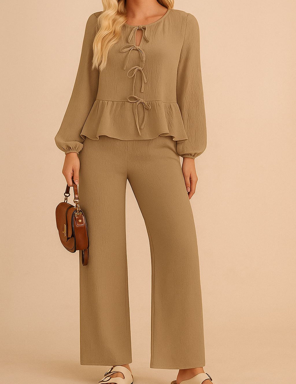 Front view of a camel tie-front peplum long-sleeve blouse with matching wide-leg pants; elastic waistband
