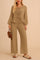 Front view of a camel tie-front peplum long-sleeve blouse with matching wide-leg pants; elastic waistband
