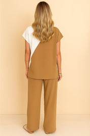 Back view of the camel two-tone round-neck top and wide-leg pants set; colorblock distribution and straight back hem visible.